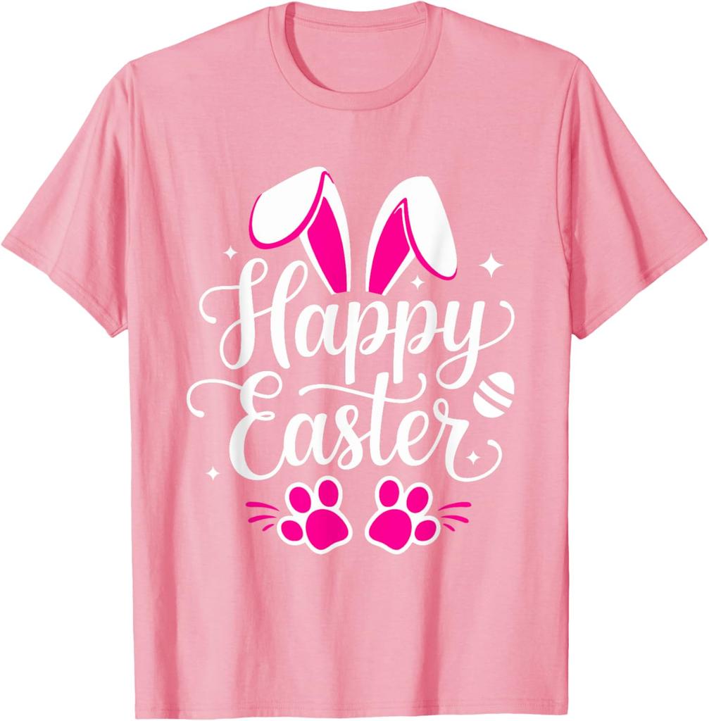Happy Easter Bunny Paw Print Graphic Tee Casual Short Sleeve T-Shirt Daily Wear
