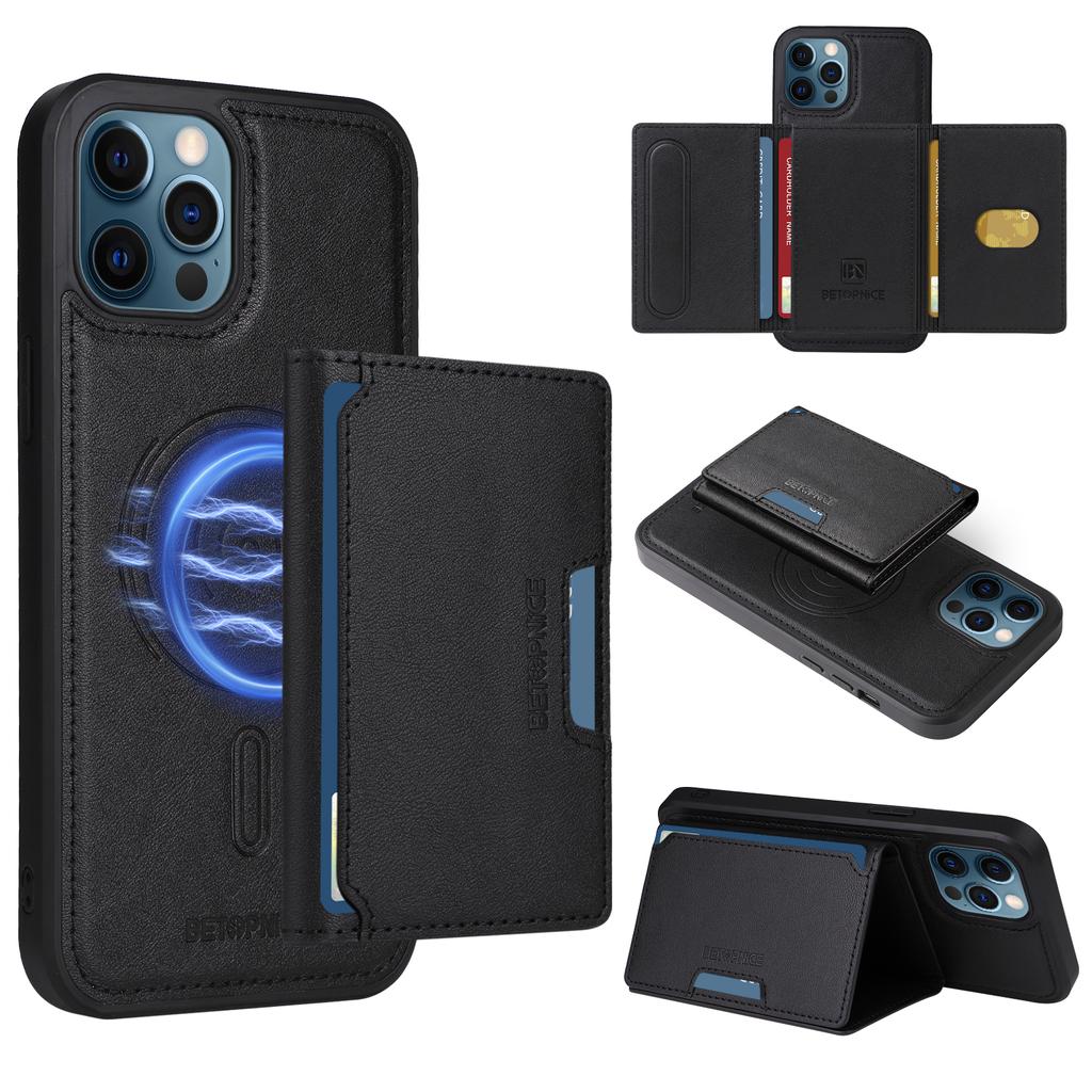 For iPhone 12 Pro Max 6.7 Inch Magnetic Case BETOPNICE Leather Phone Cover Kickstand with Detachable Card Bag