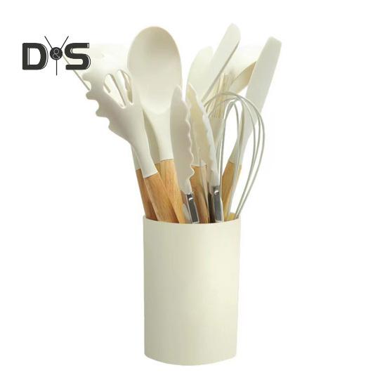 12Pcs Silicone Kitchenware Set Turner Spatula Spoon Non-Stick Heat Resistant Cooking Utensils with Wooden Handles Storage Bucket for All Cookware