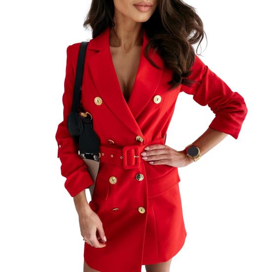 Women Suit Dress Lapel Long Sleeve Double Breasted Mid-length Formal Business Dress with Belt Pockets Suit Dress Workwear