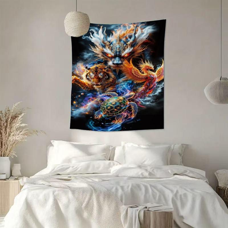 Four Divine Beasts Painting Digital Printing Polyester Wall Tapestry Suitable For Use Living Rooms Bedrooms Offices Bars Party