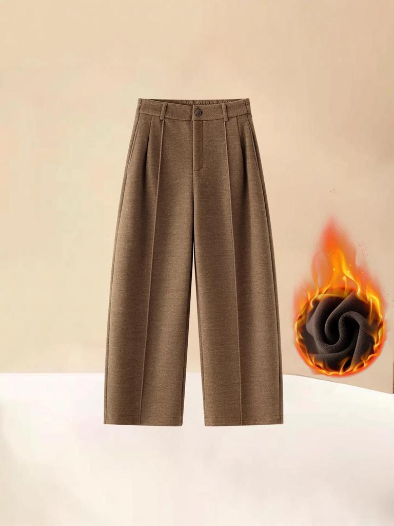Women's Plus Velvet Wool-Blend Wide-Leg Scimitar Pants - Winter Warm, Thick, Short-Length, Straight-Cut, Nine-Point Casual Style