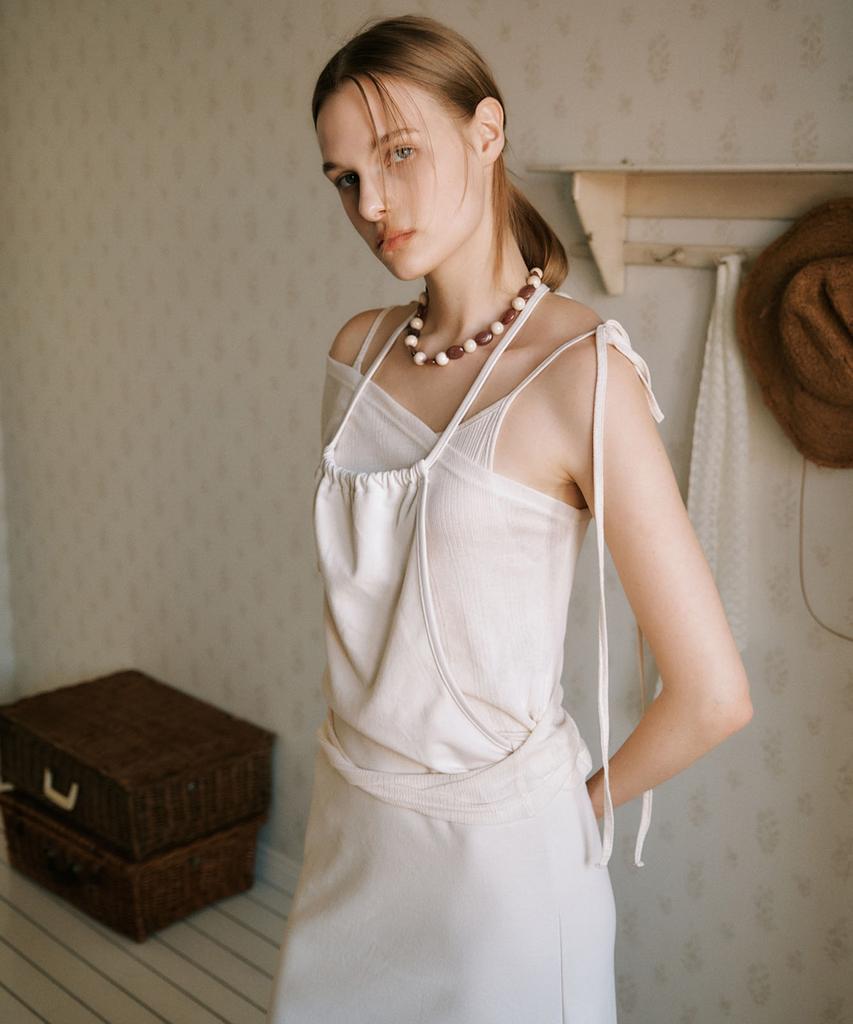 Auro Tie Up Layered Jersey One Piece Dress [ Cream ]