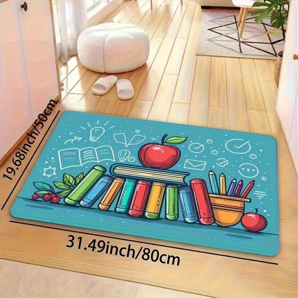 Cartoon Books Learning Theme Area Rug, Educational Pattern Non-Slip Floor Mat, Washable Carpet for Laundry Bathroom Playroom