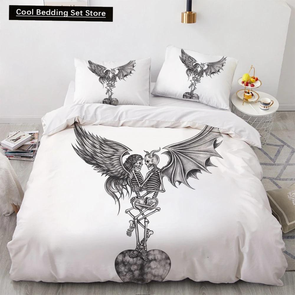 Skull Couple King Queen Duvet Cover Skeleton Bride Bedding Set Halloween White 23pcs Soft Quilt Cover for Kids Teens Adults