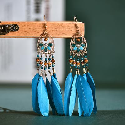 1 Paar lange Feder Quaste Tropfen Ohrringe Holzperlen Bohemian Piercing Hohlhaken Ohrringe