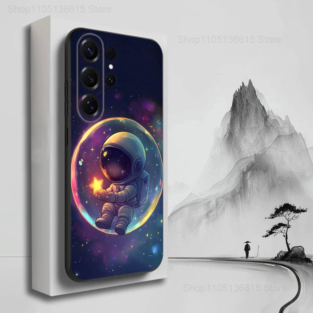 Cartoon Astronaut Space Case For Samsung S22,S25,S20,S10,Plus,Ultra,S24,S23,FE,S21,S9,Lite,Soft Silicone Black
