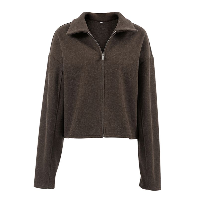 2024 Fall Winter Fashion Women's Outwear Lapel Long Sleeve Top Zipper Brown Women's Clothing Pure Color Thick Street