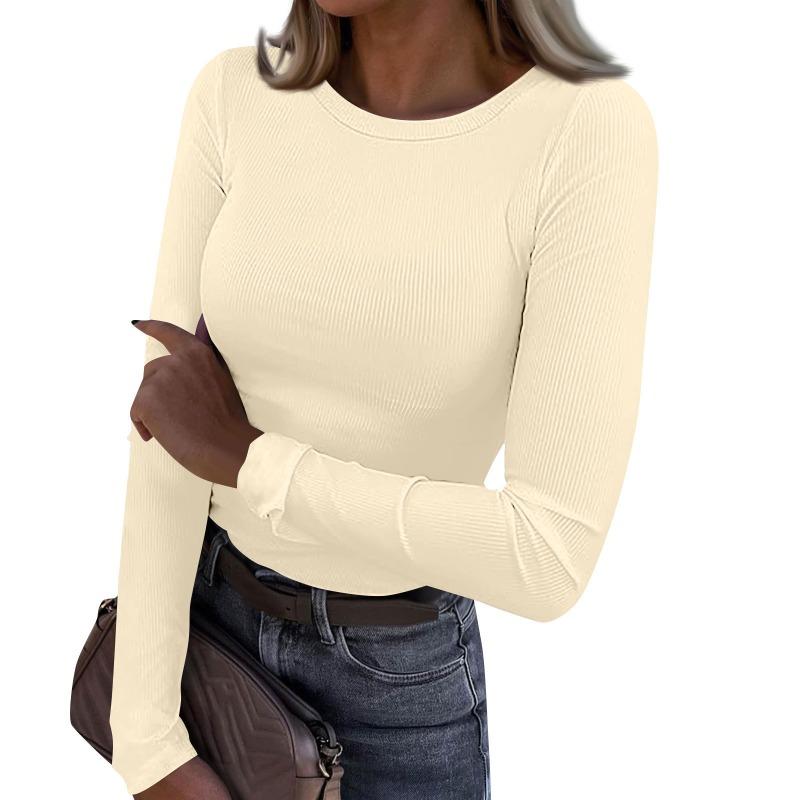 Women's Ribbed Knit Crew Neck Long Sleeve Form-Fitting Top
