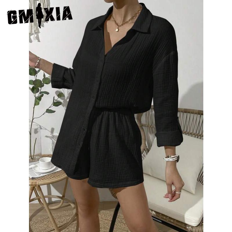 GMXIA Women's Spring and Summer Fashion Solid Colour Long-sleeved Shirt Suit Women Casual Loose Shorts Two-piece Set