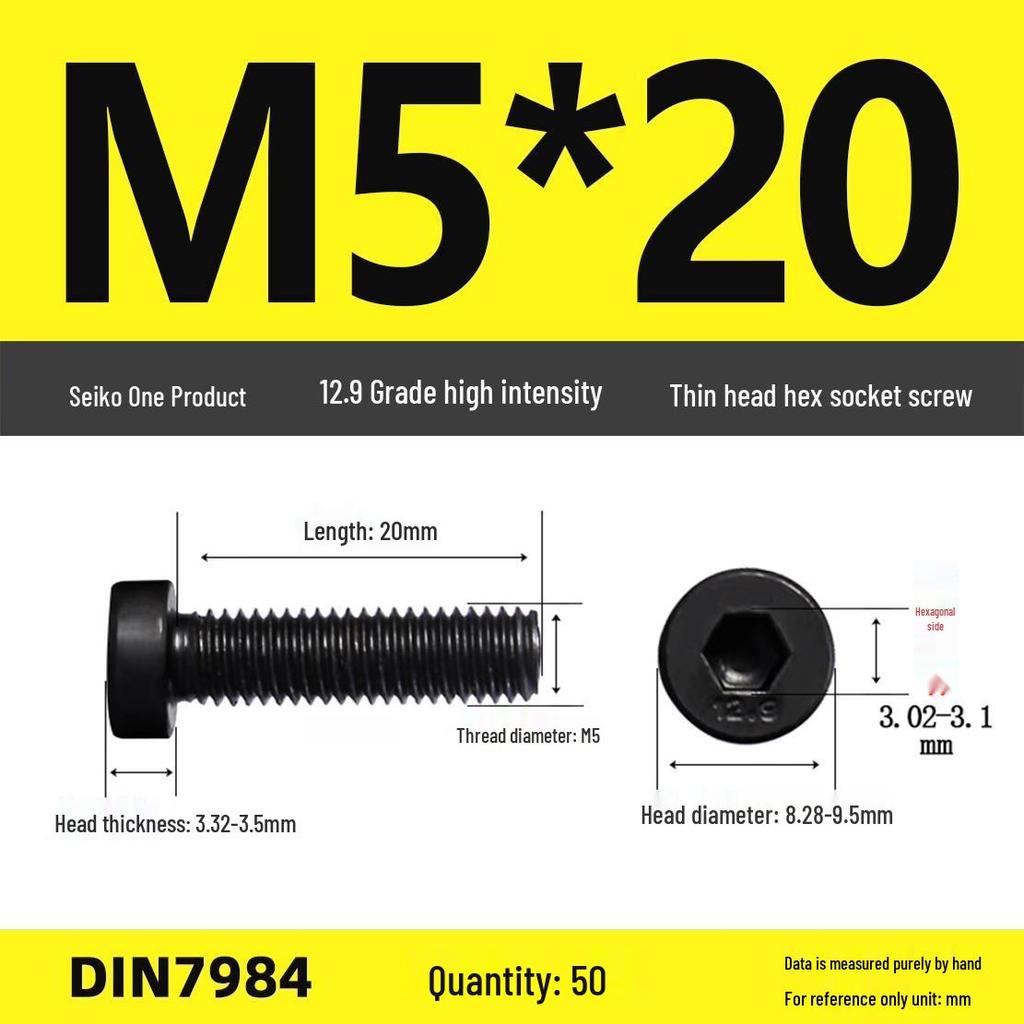 DIN7984 Grade 12.9 Thin Head Hex Socket Cap Screws - Sizes M3 To M16