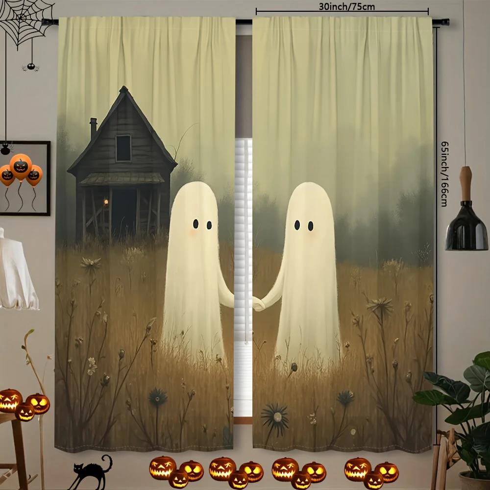 2 Stück - Vorhänge im Gothic-Stil mit Halloween-Spukhaus-Druck, Stangentasche Heimdekoration, Raumdekoration