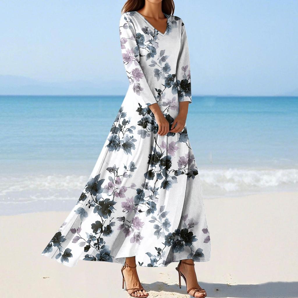 Women's Fashion V-Neck Floating Beach Dresses Seven Sleeve Floral Printed Dresses