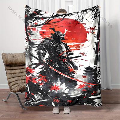 Samurai Red Sun Maple Leaves Print Blanket Warm Soft Fluffy Kids and Adult Sofa Bed Throw Blanket Outdoor Travel Camping RV