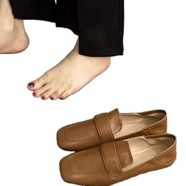 Women's Square Toe D'Orsay Flats - French Retro Soft Leather Slip-On Loafers