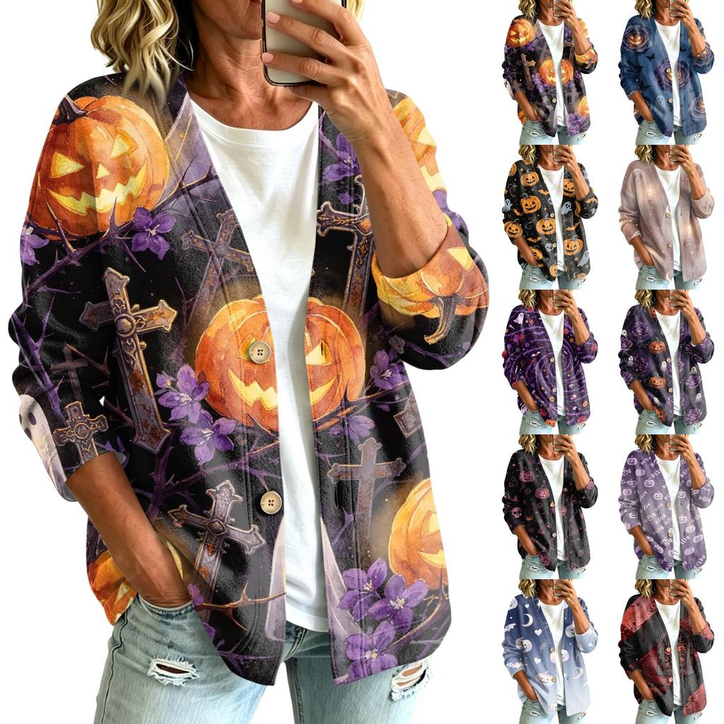 Women's Casual Long Sleeve Jacket with Halloween Print for Fall Parties