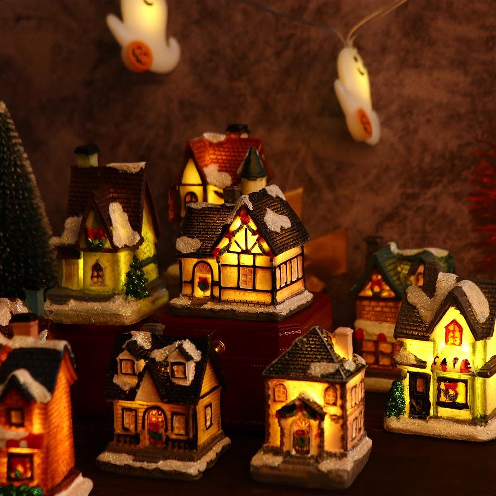 Garden Mini Miniatures Resin Craft Figurine Ornament Christmas Decoration Village House LED Light