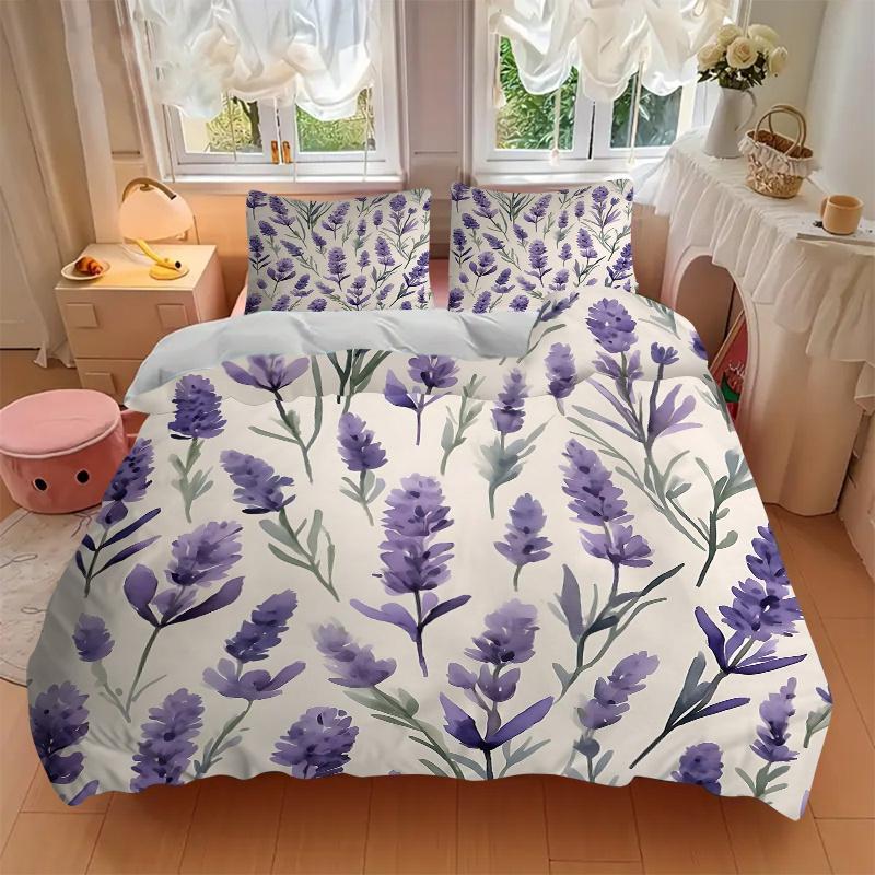 3pcs Lavender Flowers Quilt Set Cartoon Themed Bed Quilt Set Lovely Character Bedroom Decor Bed Quilt Set Four Seasons (1 Cover + 2Pillowcase NO