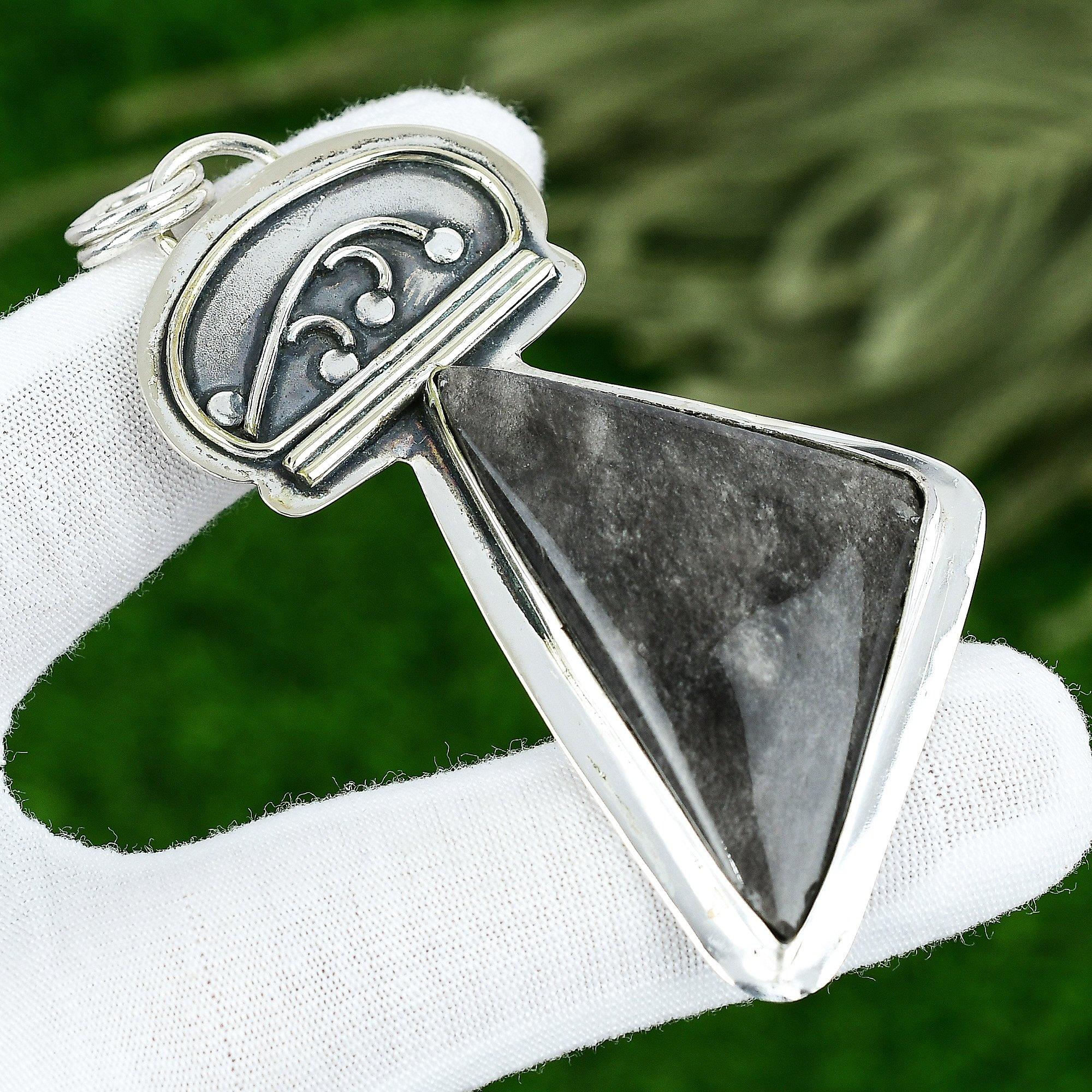 

Sterling Silver Trillion Natural Silver Sheen Obsidian Bezel New Pendant Jewelry