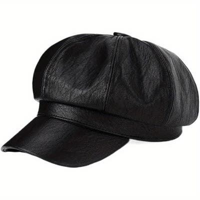 Women Men PU Leather Berets Hat Retro British Solid Beret Baseball Cap Outdoor Sun Hat Winter Warm Octagonal Hats Caps