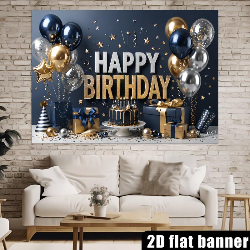 2D plane dark blue black and gold birthday theme banner background with balloons and birthday cakezyc