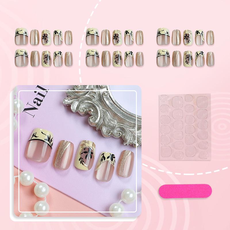 Autumn Maple Leaf & Gilded Coffee Press-on Nails, Retro French Style Manicure