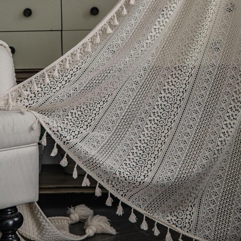 Cotton Crochet Lace Window Curtain Panel With Tassels Rod Pocket Semi Sheer Hollow Curtains For Bedroom Living Room