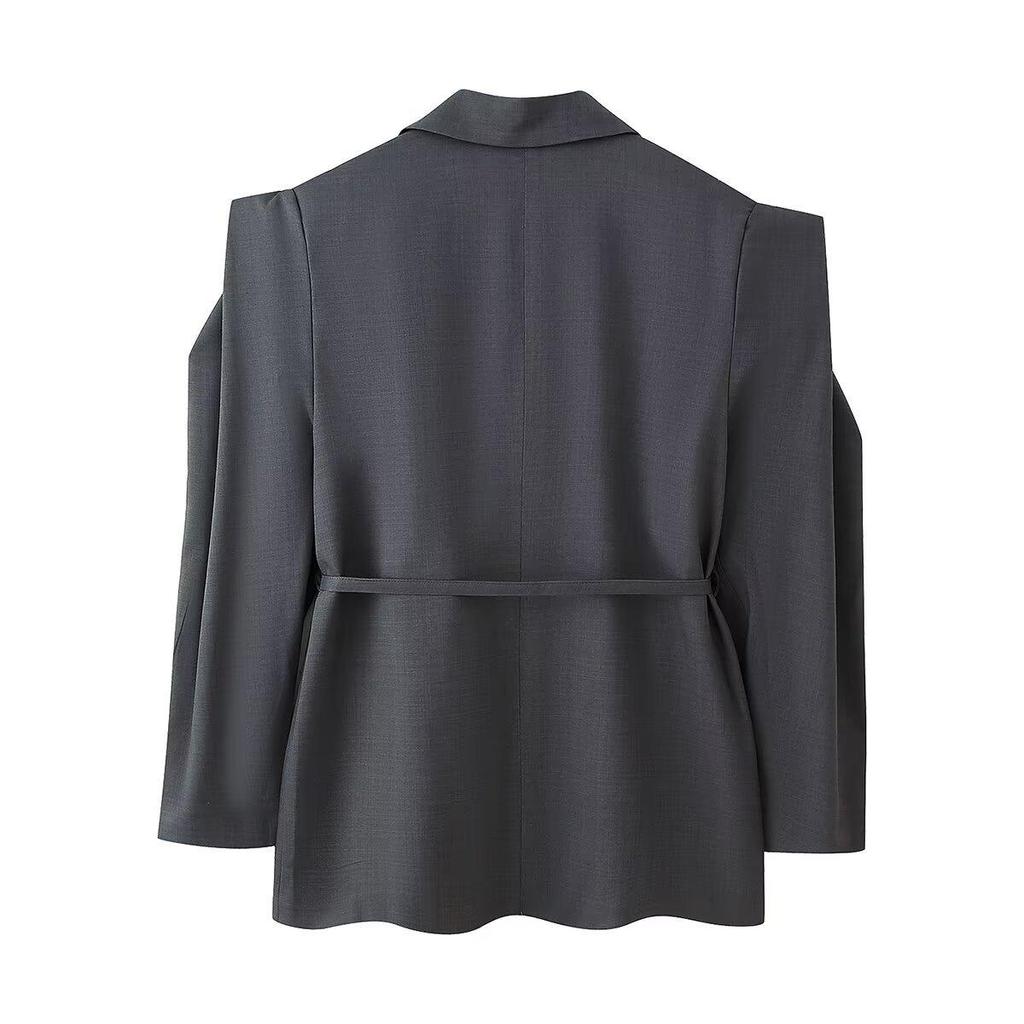 Women's Fashion Padded Shoulder Suit Jacket with Tie-Waist