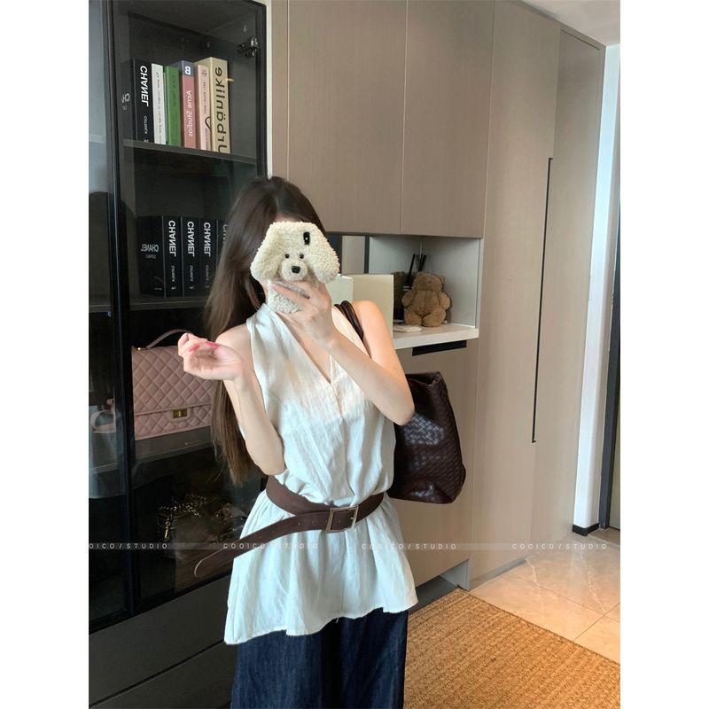 Kumikumi French Style Temperament White V-neck Vest Sling Women Clothes Summer Niche Versatile Waist Hugging Slimming Top