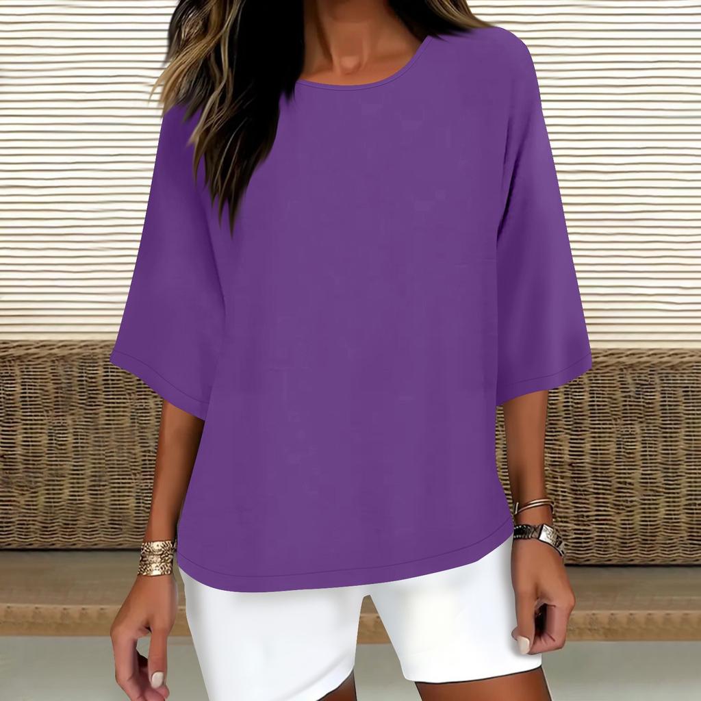 Women's Fashion Solid Color Casual T-Shirt Seven Sleeve Round Neck Cotton Top