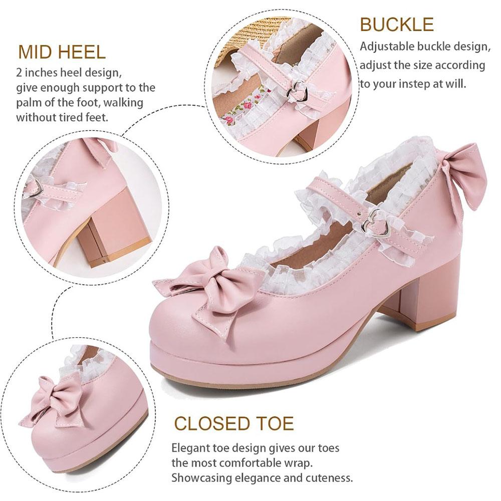 Women Kawaii Mid Block Heel Mary Jane Rockabilly Pumps with Bow Platform Chunky Heel Cute Sweet Shoes