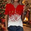 Women's Fashion Casual Christmas Print V-Neck Short Sleeve Button T-Shirt Top