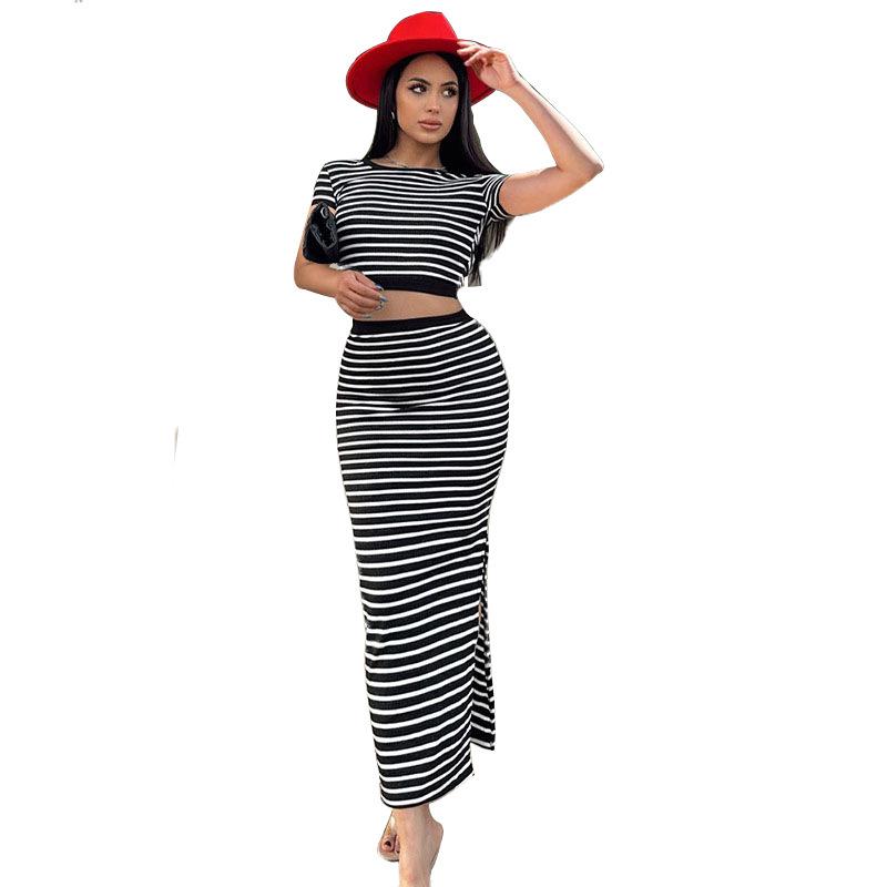 811 European-American Striped Backless Top & Slim Midi Skirt Set