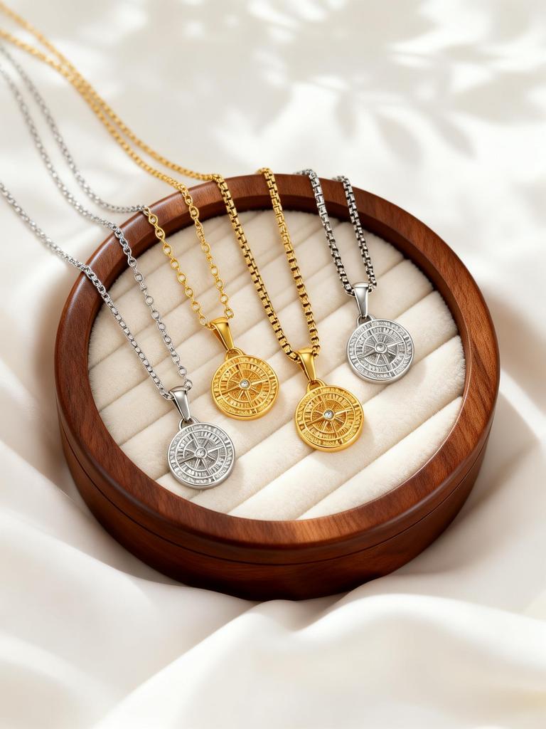 Vegvísir Zircon Octagram Round Pendant for Women Men Stainless Steel Chain Necklaces Couple'S Protective Charm Jewelry
