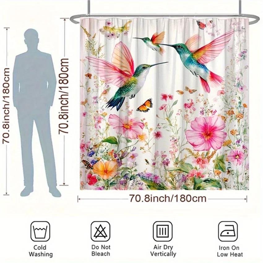 ~O~1pc Hummingbirds & Blooms Shower Curtain - Watercolor Design, Polyester, 70.8x70.8", 12 Hooks, Washable