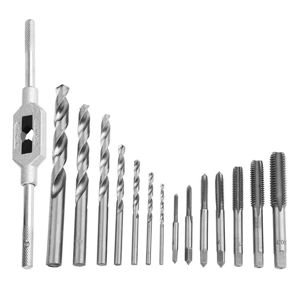 15Pcs Alloy Steel Tap Wrench Screw Taps Twist Drill Bit Set Metal Processing Tools