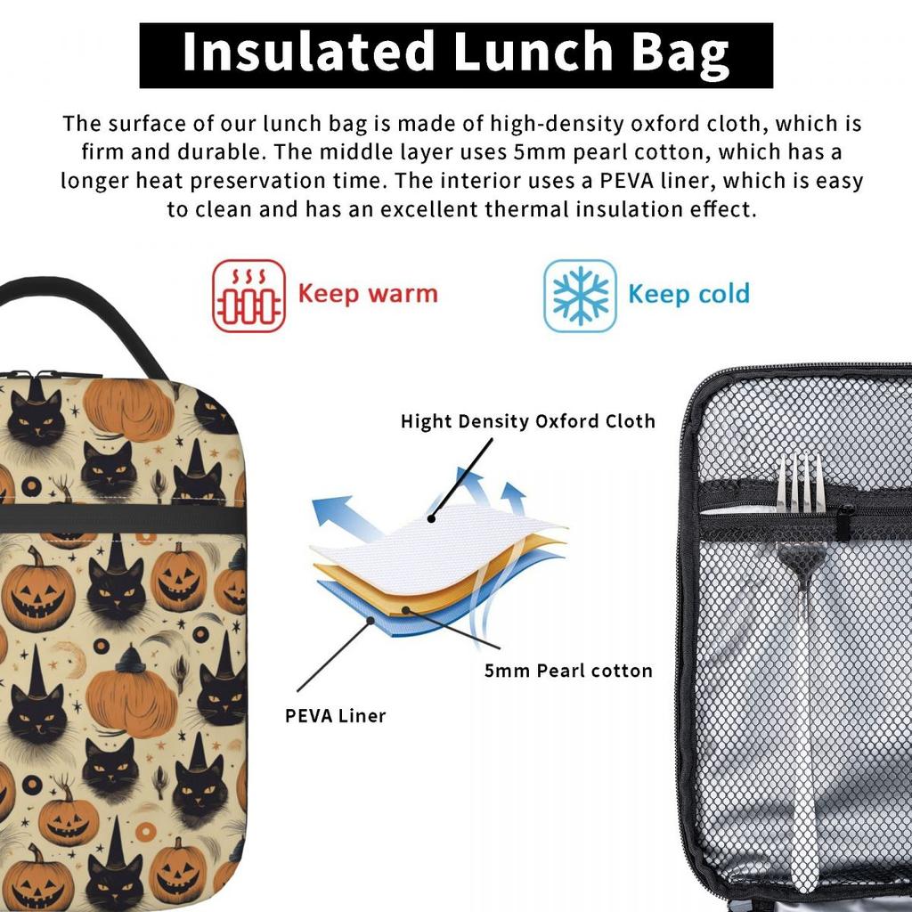 Sac à lunch isotherme à motif sorcière chat noir citrouille Halloween pour femmes et enfants, étanche, pour femmes et enfants.