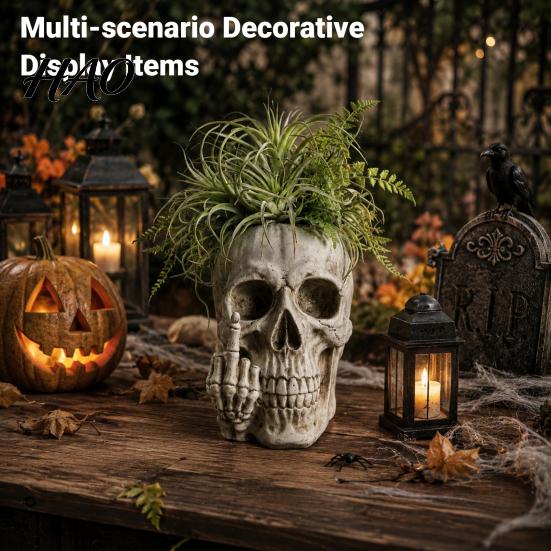 Creative Skull Art Decor Gothic Planter with Middle Finger Design, Resin Skeleton Flower Pot Dark Aesthetic Plant Container for Succulents,