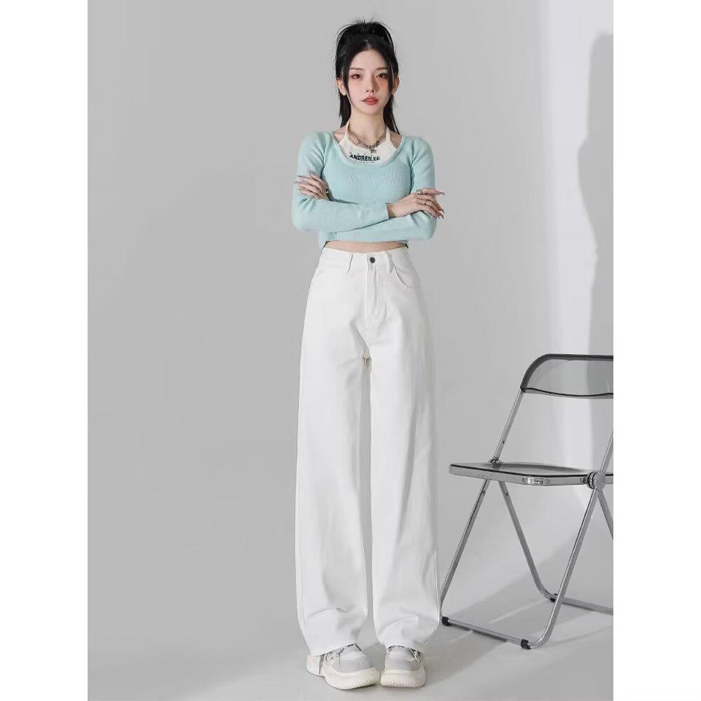 

Women s 2026 Spring/Autumn High-Waisted Straight Leg Jeans - Trendy Floor-Length Wide Leg Pants L белый