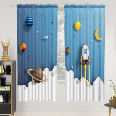 Cartoon Weltraum Verdunkelungsvorhänge Für Kinder Jungen Schlafzimmer Arbeitszimmer Spielzimmer Rakete Planet Sonnensystem Blau Leinen Fensterdekoration