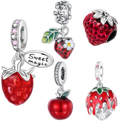 Red Fruit Charms Copper Pendants Shaped Strawberry Cherry Apple For Original Bracelets Birthday Jewelry Diy Gift