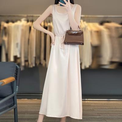 New Summer Acetate Satin Sleeveless U-neck Dress for Women Belt Vest Skirt Long Skirt Lace-up Base Skirt