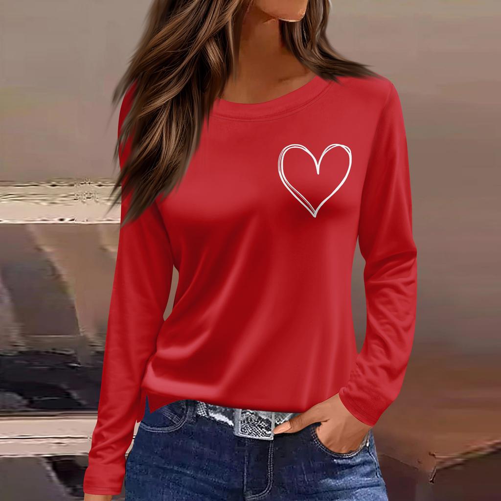Women's Fashion Casual Slit Hem Round Neck Long Sleeve Loose  Printed T-Shirt Ladies Top