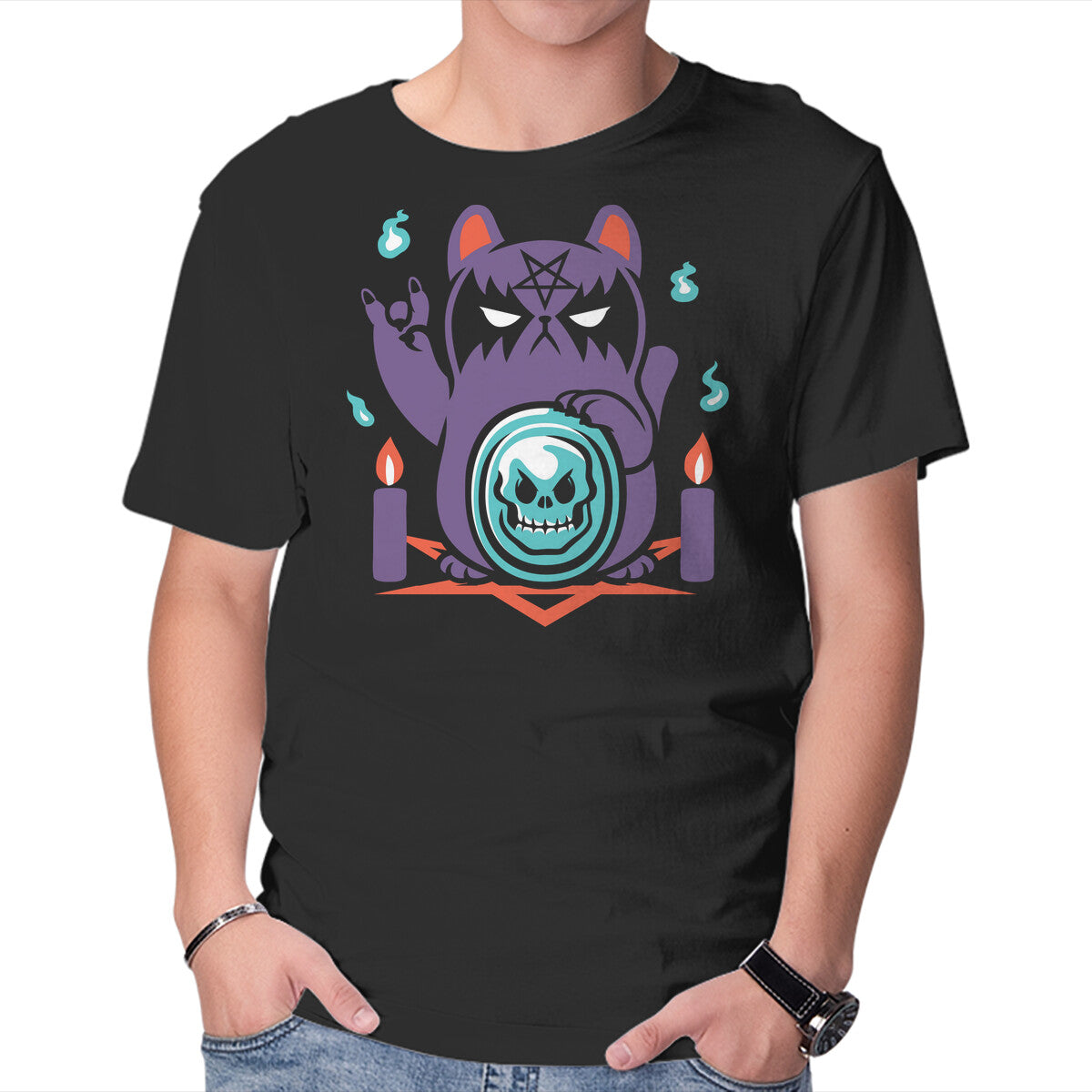 Unisex Crew Neck T-Shirt Bad Luck Cat Graphic Short Sleeve Casual Tee L