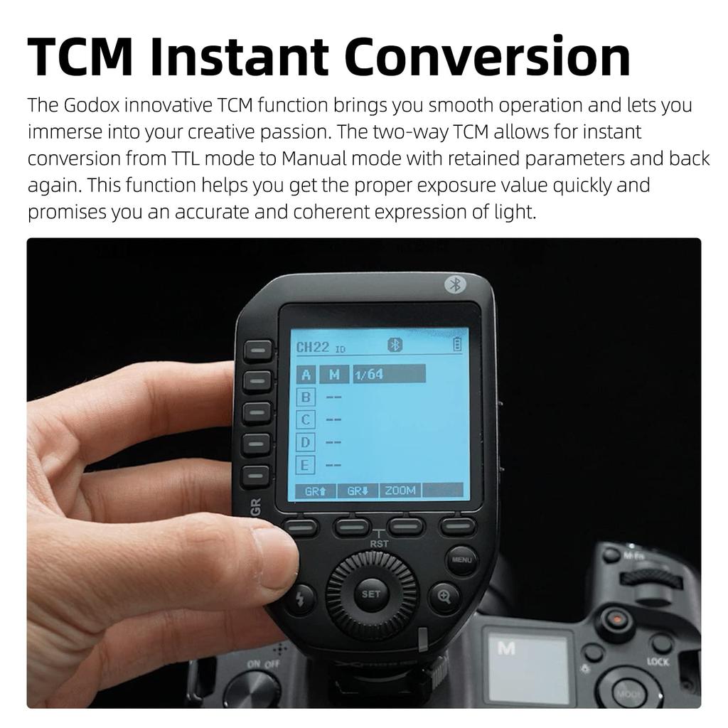 Godox TTL Wireless Flash Trigger TCM Instant APP 16 Gruppen von 32 großen LCD stabil passend für Sony Kameras XProII-S 1/8000s HSS, Umschaltung, Steuerung,