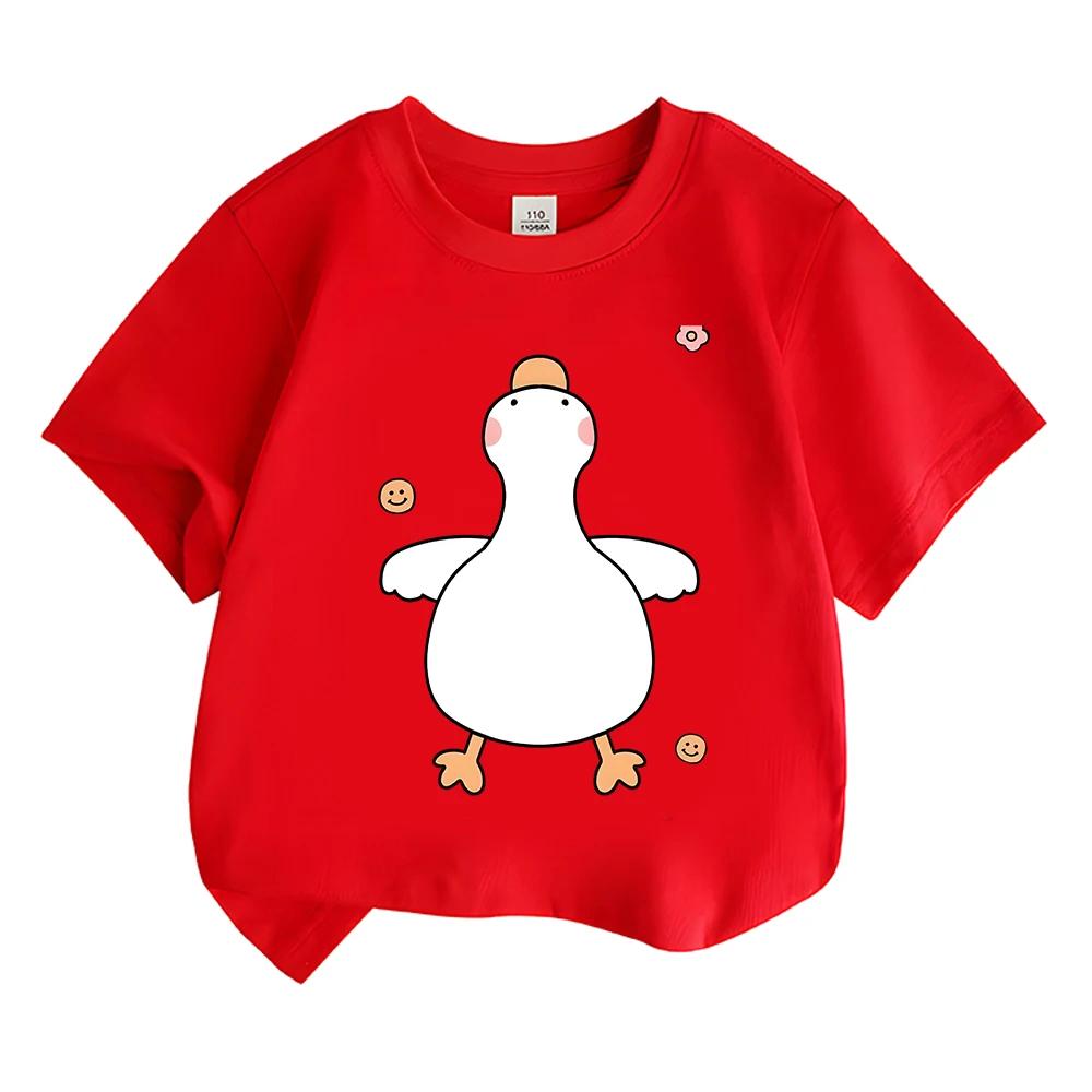 Cute Blush White Duck With Small Smile Face Pattern Graphic Print Kids Short Sleeve Tee Cartoon Animal Crew Neck Casual Daily To