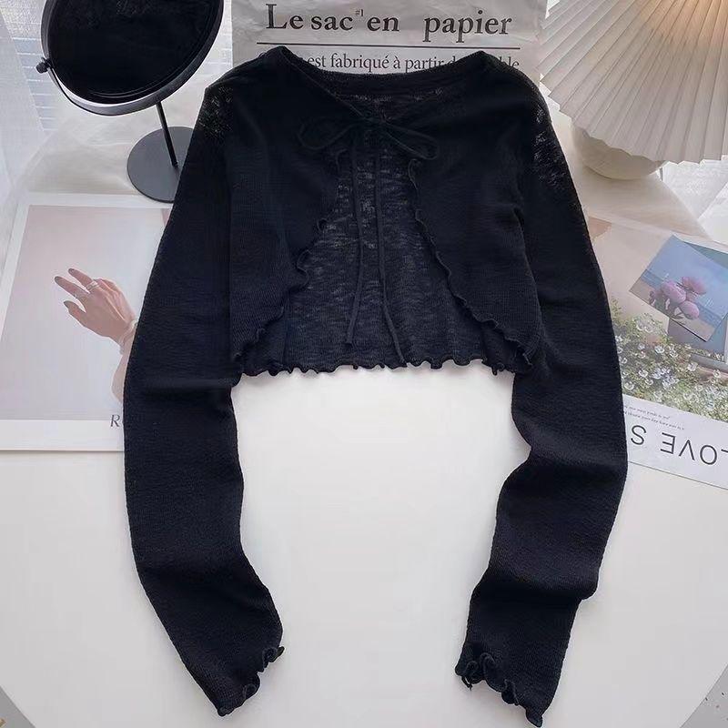 Cardigan Curto de Malha de Seda Gelada Feminino com Saia Camisola e Xale Pequeno - Proteção Solar Leve de Verão