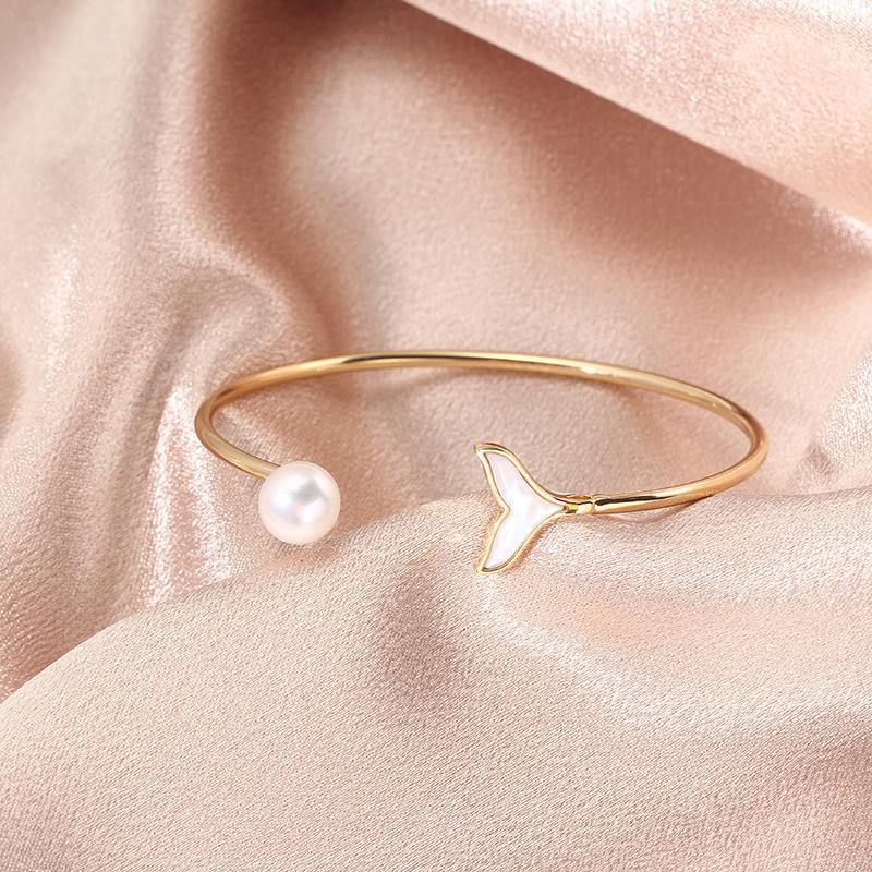 14k Gold-Plated Mother-of-Pearl Open Bracelet - Handmade Fashion Accessory for Women