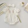 Cotton Baby Girl Short Sleeve Romper with Floral Embroidery Round Neck One Piece Outfit for Summer