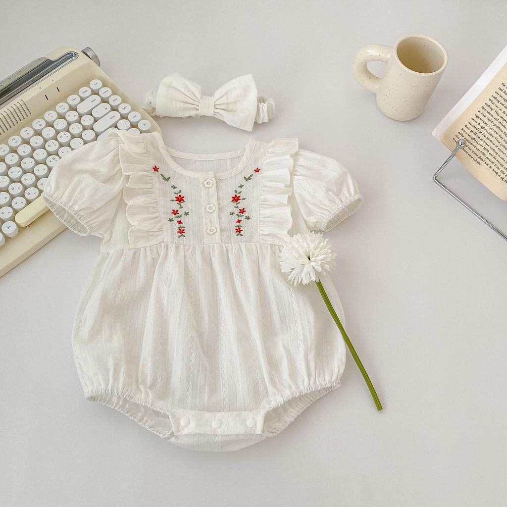 Cotton Baby Girl Short Sleeve Romper with Floral Embroidery Round Neck One Piece Outfit for Summer